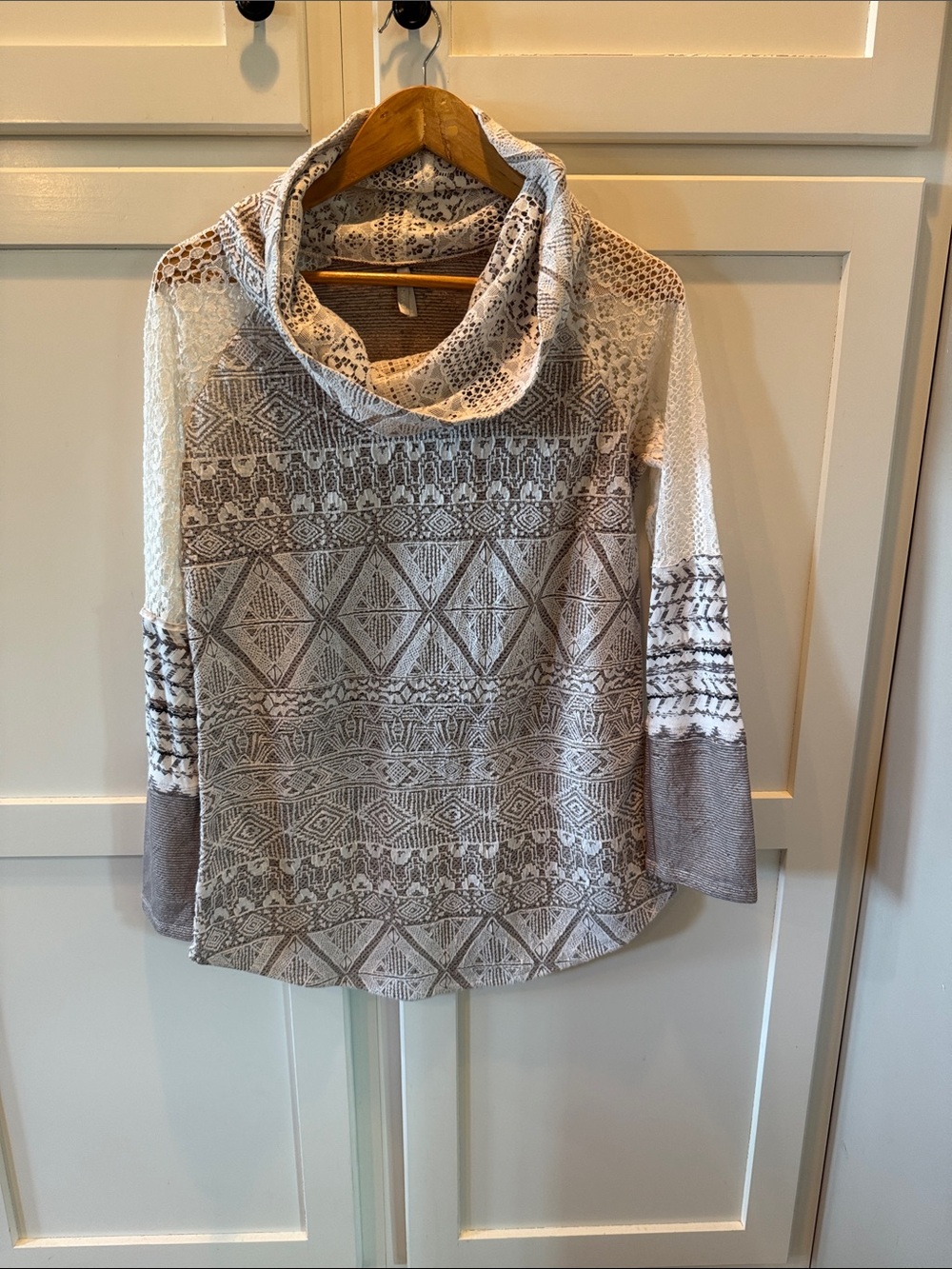 Vanity Taupe and Cream Patterned Cowl Neck Tunic
